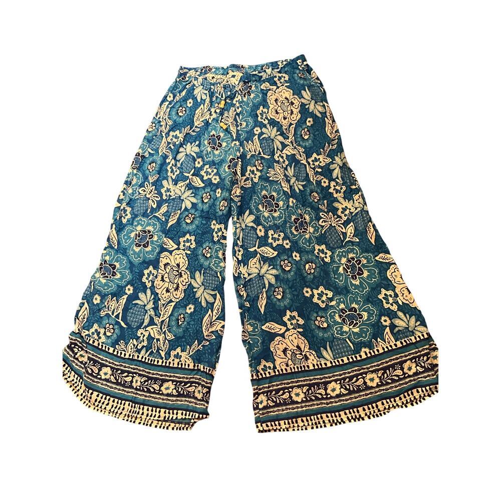 Nicole Miller Palazzo Pants Elastic Waist Rayon Floral Blue White Size L NWT